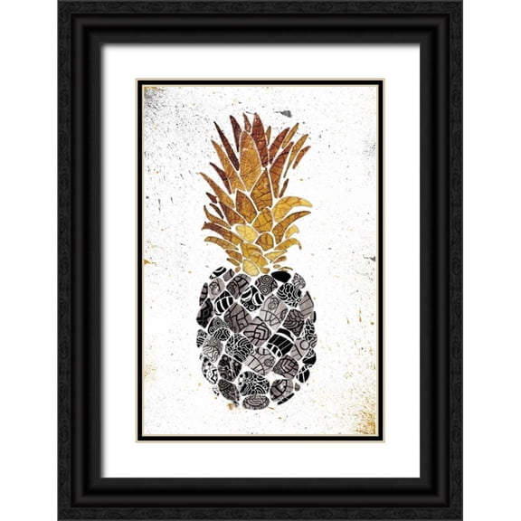 OnRei 17x24 Black Ornate Wood Framed with Double Matting Museum Art Print Titled - Golden Mandala Pineapple