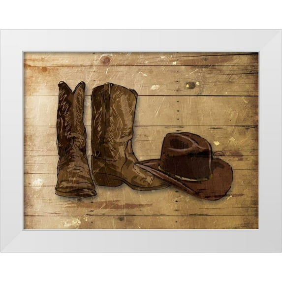 OnRei 18x15 White Modern Wood Framed Museum Art Print Titled - Sketched Hat And Boots