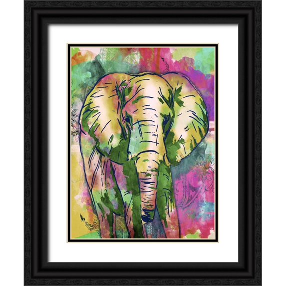 OnRei 19x24 Black Ornate Wood Framed with Double Matting Museum Art Print Titled - Elephant Dark Bright Henna