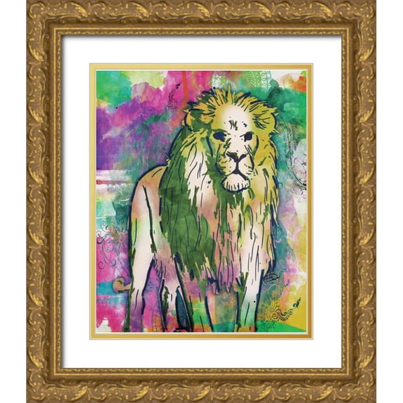 OnRei 20x24 Gold Ornate Wood Framed with Double Matting Museum Art Print Titled - Lion Dark Bright Henna