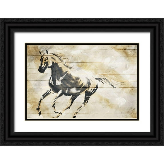 OnRei 24x17 Black Ornate Wood Framed with Double Matting Museum Art Print Titled - Running Horse Paint On Wood