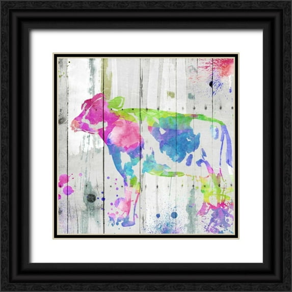 OnRei 26x26 Black Ornate Wood Framed with Double Matting Museum Art Print Titled - Cow Colorful
