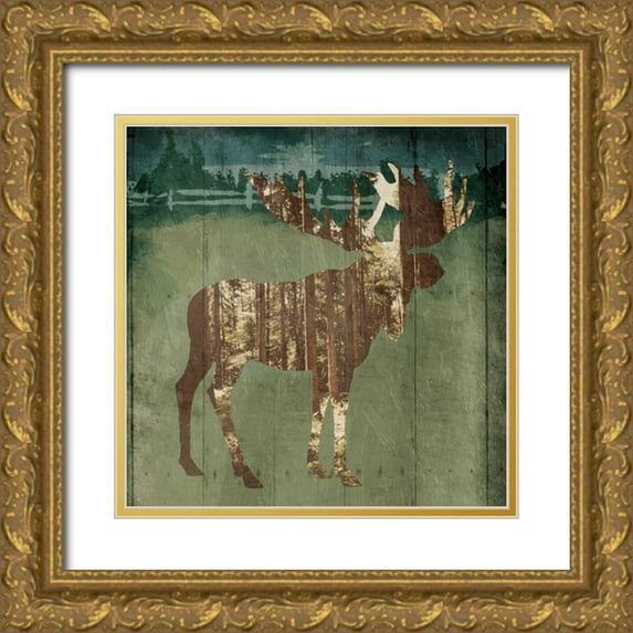 OnRei 26x26 Gold Ornate Wood Framed with Double Matting Museum Art Print Titled - Moose In The Field