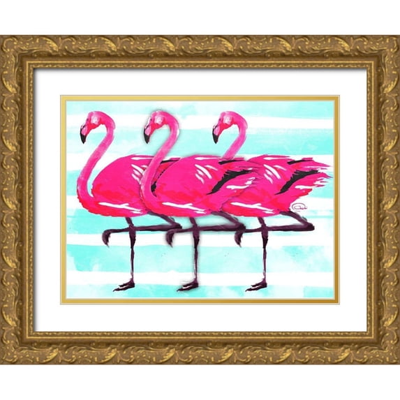 OnRei 32x25 Gold Ornate Wood Framed with Double Matting Museum Art Print Titled - Three Flamingo