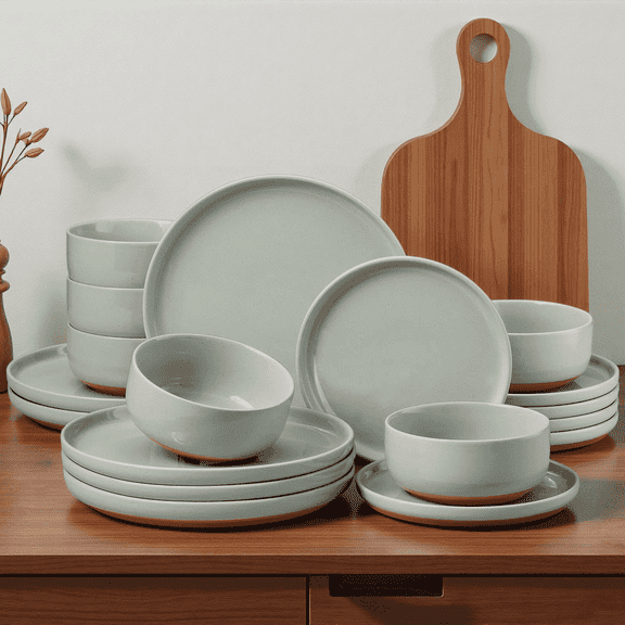 Onader Dinnerware Sets for 6, 18-Piece Plates and Bowls Set, Modern Stoneware Dinnerware Set for Home Restaurant, Dishwasher & Microwave Safe, Scratch Resistant, Light Green
