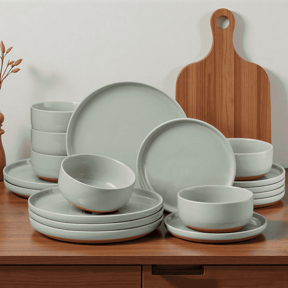 Onader Dinnerware Sets for 6, 18-Piece Plates and Bowls Set, Modern Stoneware Dinnerware Set for Home Restaurant, Dishwasher & Microwave Safe, Scratch Resistant, Light Green
