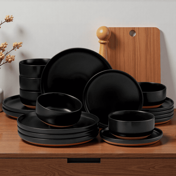 Onader Dinnerware Sets for 6, 18-Piece Plates and Bowls Set, Modern Stoneware Dinnerware Set for Home Restaurant, Dishwasher & Microwave Safe, Scratch Resistant, Matte Black