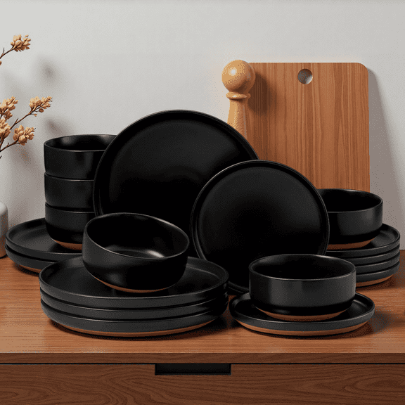 Onader Dinnerware Sets for 6, 18-Piece Plates and Bowls Set, Modern Stoneware Dinnerware Set for Home Restaurant, Dishwasher & Microwave Safe, Scratch Resistant, Matte Black