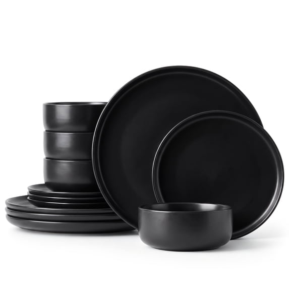 Onader 12 Piece Dinnerware Sets, Plates and Bowls Set for 4, Premium Stoneware Dishes Sets for Home Restaurant, Dishwasher & Microwave Safe - Matte Black