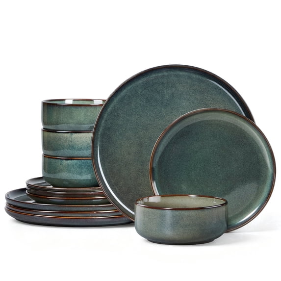 Onader 12 Piece Dinnerware Sets, Plates and Bowls Set for 4, Handmade Stoneware Dishes Sets for Home Restaurant, Dishwasher & Microwave Safe - Blackish Green