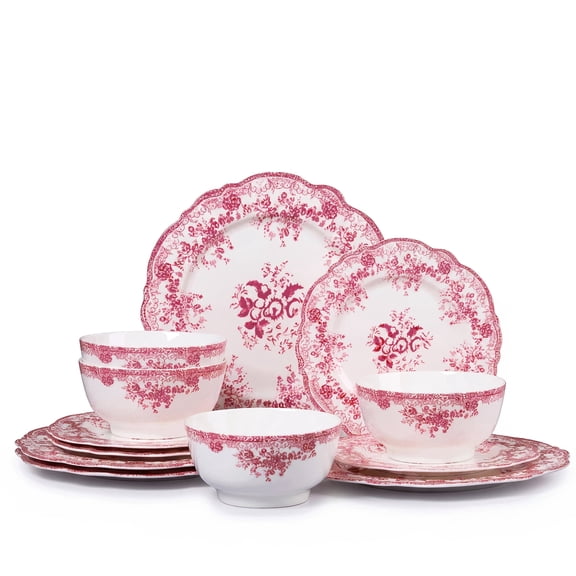 Onader 12-Piece Plates and Bowls Set, Dinnerware Set for 4, Floral Ceramic Tableware Sets for Home Kitchen Restaurant, Microwave Safe & Dishwasher Safe, Pink