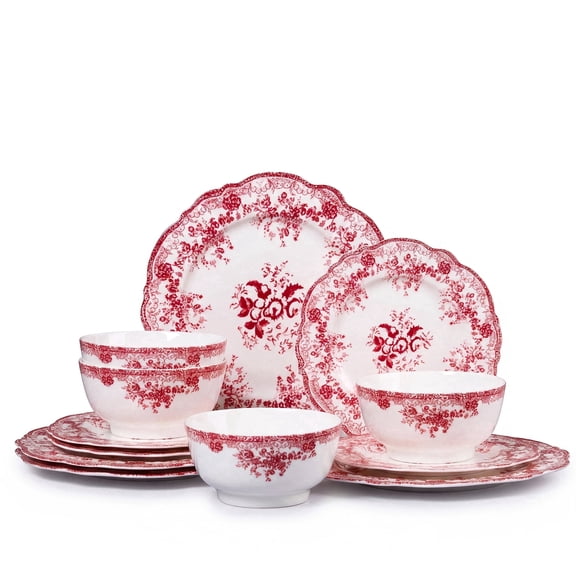 Onader 12-Piece Plates and Bowls Set, Dinnerware Set for 4, Floral Ceramic Tableware Sets for Home Kitchen Restaurant, Microwave Safe & Dishwasher Safe, Red