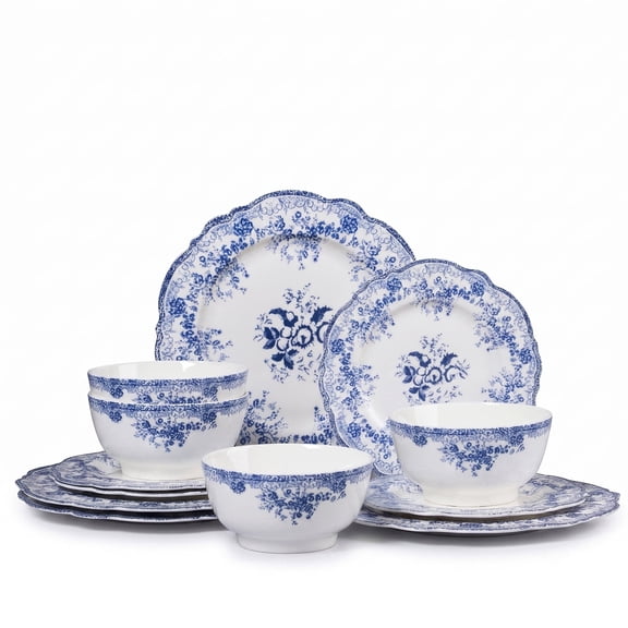 Onader 12-Piece Plates and Bowls Set, Dinnerware Set for 4, Floral Ceramic Tableware Sets for Home Kitchen Restaurant, Microwave Safe & Dishwasher Safe, Blue