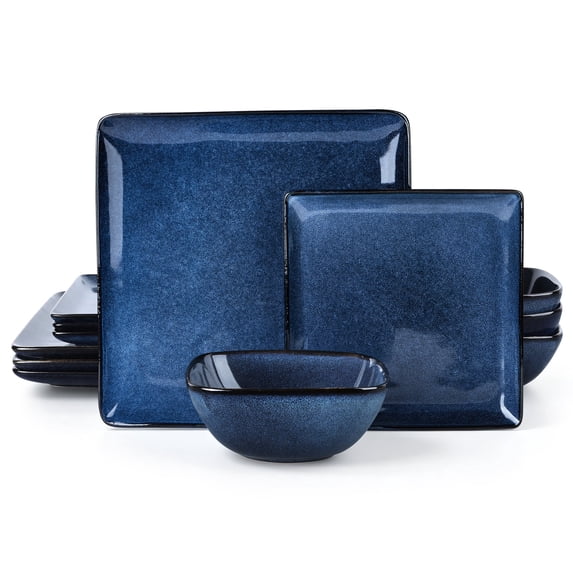 Onader 12 Piece Dinnerware Sets, Reactive Glaze Plates and Bowls Set for 4, Dishes Sets Serve for Steak Salad Soup, Scratch Resistant & Microwave Safe, Starry Blue