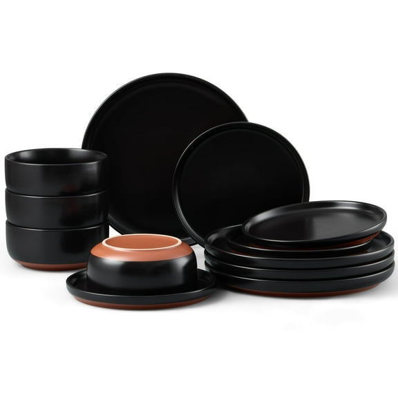 Onader 12-Piece Plates and Bowls Sets, Dinnerware Sets for 4, Modern Stoneware Dinnerware Set for Home Restaurant, Dishwasher & Microwave Safe, Scratch Resistant, Matte Black