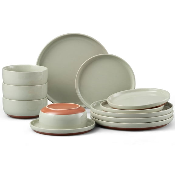 Onader 12-Piece Plates and Bowls Sets, Dinnerware Sets for 4, Modern Stoneware Dinnerware Set for Home Restaurant, Dishwasher & Microwave Safe, Scratch Resistant, Light Green