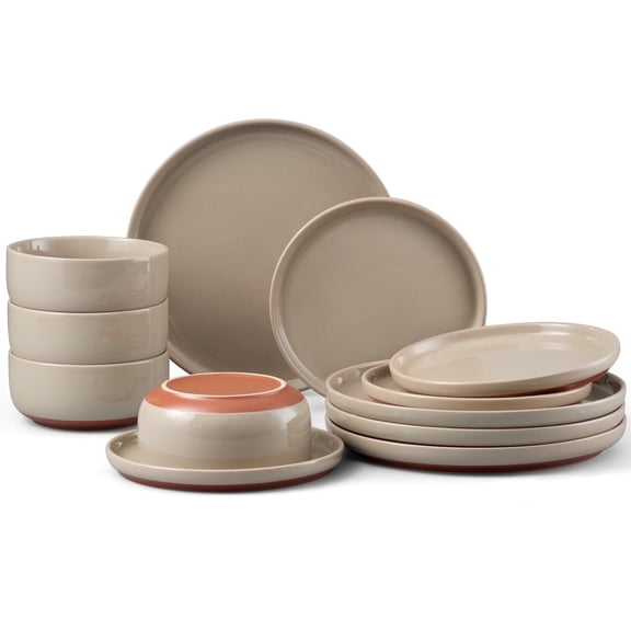 Onader 12-Piece Dinnerware Sets, Plates and Bowls Set for 4, Stoneware Dishware for Home Restaurant, Dishwasher & Microwave Safe, Milky Coffee