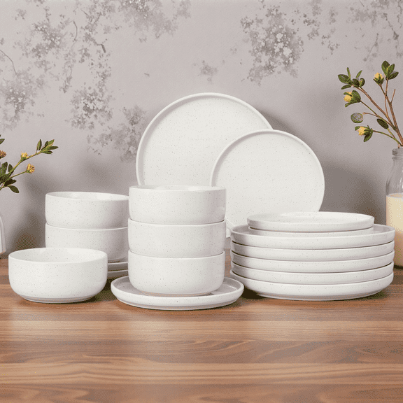 Onader Dinnerware Sets for 6, 18-Piece Plates and Bowls Set, Stoneware Dinning Ware Set for Kitchen, Microwave & Dishwasher Safe - Beige