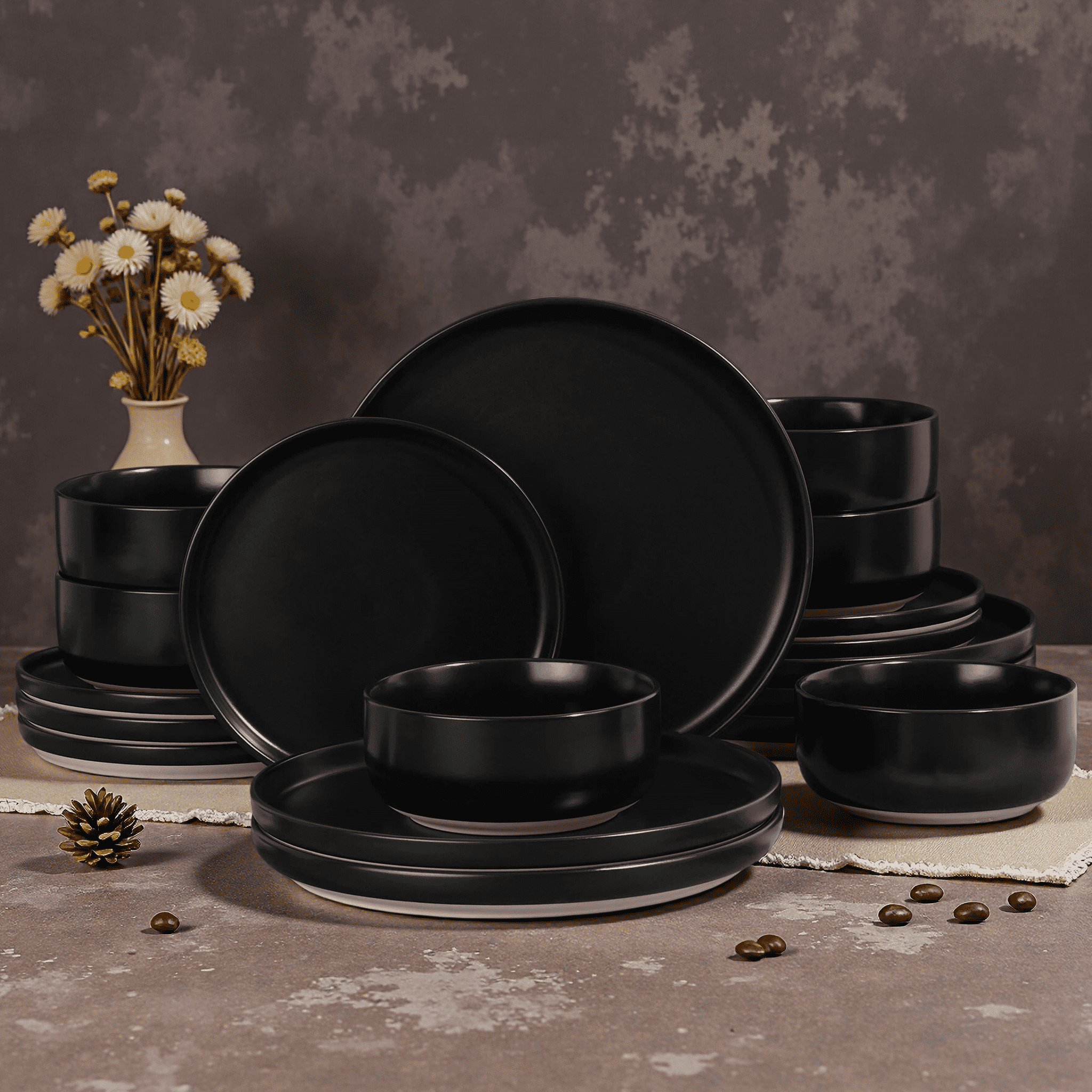 Onader Dinnerware Sets for 6, 18-Piece Plates and Bowls Set, Stoneware Dinning Ware Set for Kitchen, Microwave & Dishwasher Safe - Matte Black