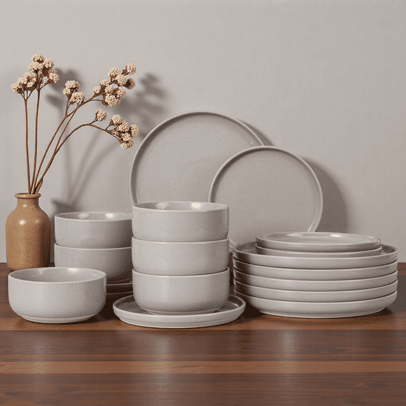 Onader Dinnerware Sets for 6, 18-Piece Plates and Bowls Set, Stoneware Dinning Ware Set for Kitchen, Microwave & Dishwasher Safe - Milky Coffee