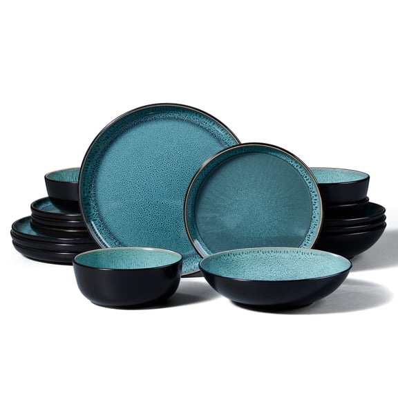 Onader 16 Piece Dinnerware Sets with Pasta Bowls, Plates and Bowls Set for 4, Ceramic Dinner Ware Dishware for Kitchen Dining, Microwave and Dishwasher Safe, Reactive Green