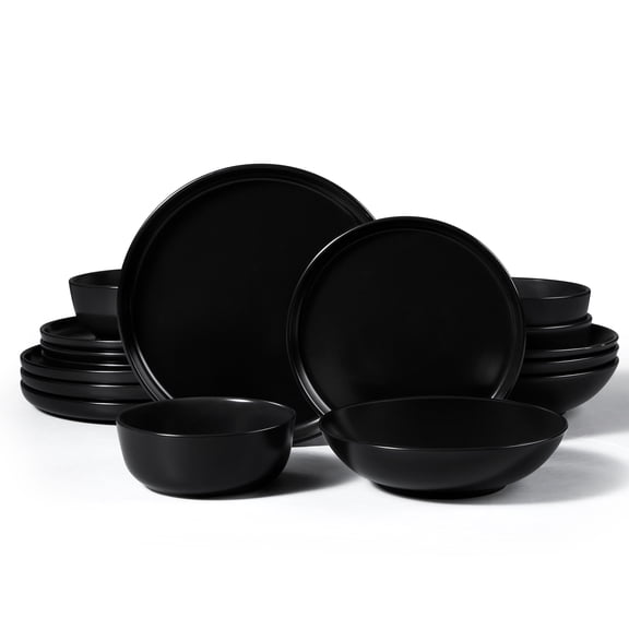 Onader 16 Piece Dinnerware Sets with Pasta Bowls, Plates and Bowls Set for 4, Ceramic Dinner Ware Dishware for Kitchen Dining, Microwave and Dishwasher Safe, Matte Black