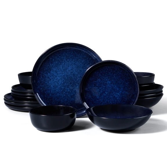 Onader 16 Piece Dinnerware Sets with Pasta Bowls, Plates and Bowls Set for 4, Ceramic Dinner Ware Dishware for Kitchen Dining, Microwave and Dishwasher Safe, Starry Sky Blue
