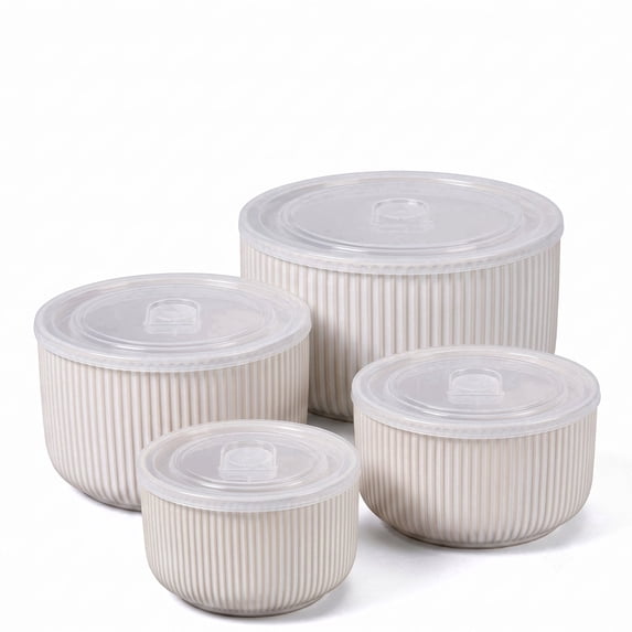 Onader 8-Piece Ceramic Bowls with Lid, Mixing Bowls Set of 4 for Kitchen Meal Prep Food Storage Leftover, Stoneware Serving Bowl for Cooking Baking, Seashell White