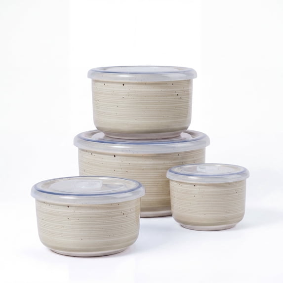 Onader 8 Piece Serving Bowls with Lid, Ceramic Mixing Bowls Set of 4, Food Storage Container for Soup Salad Meat Pasta Cereal Leftover, Microwave & Dishwasher Safe - Beige