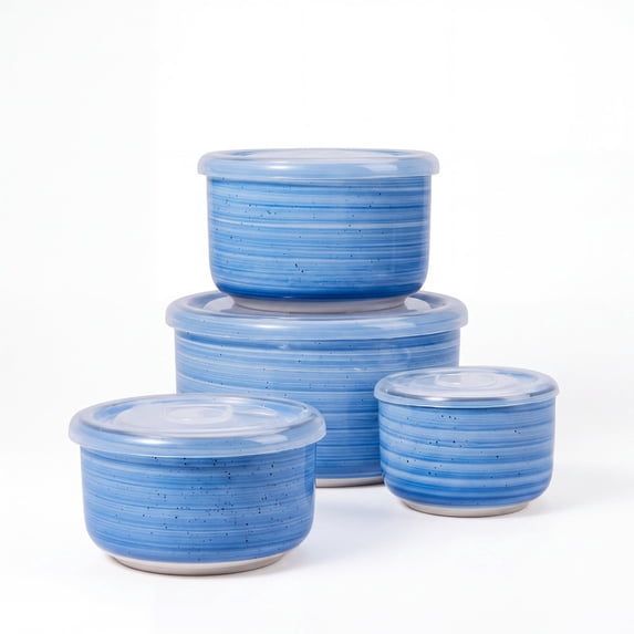 Onader 8 Piece Serving Bowls with Lid, Ceramic Mixing Bowls Set of 4, Food Storage Container for Soup Salad Meat Pasta Cereal Leftover, Microwave & Dishwasher Safe -Blue