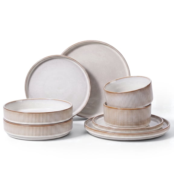 Onader 8-Piece Stoneware Dinnerware Set, Striped Reactive Glaze Plates and Bowls Sets for Restaurant, Beige