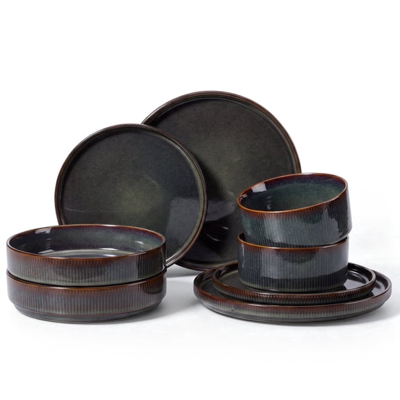 Onader 8-Piece Stoneware Dinnerware Set, Striped Reactive Glaze Plates and Bowls Sets for Restaurant, Blackish Green
