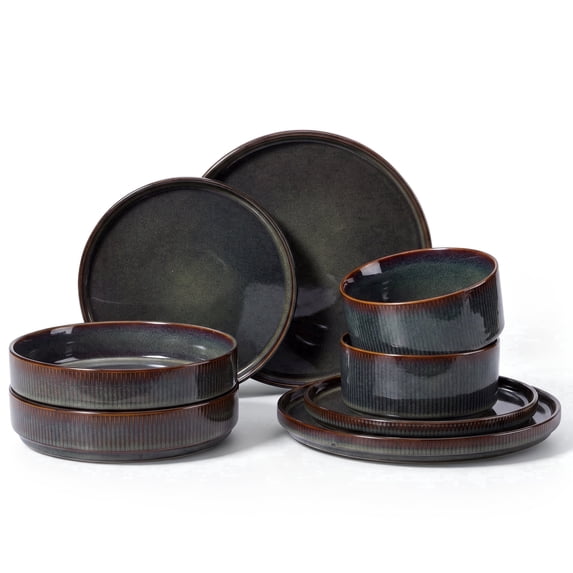 Onader 8-Piece Stoneware Dinnerware Set, Striped Reactive Glaze Plates and Bowls Sets for Restaurant, Blackish Green