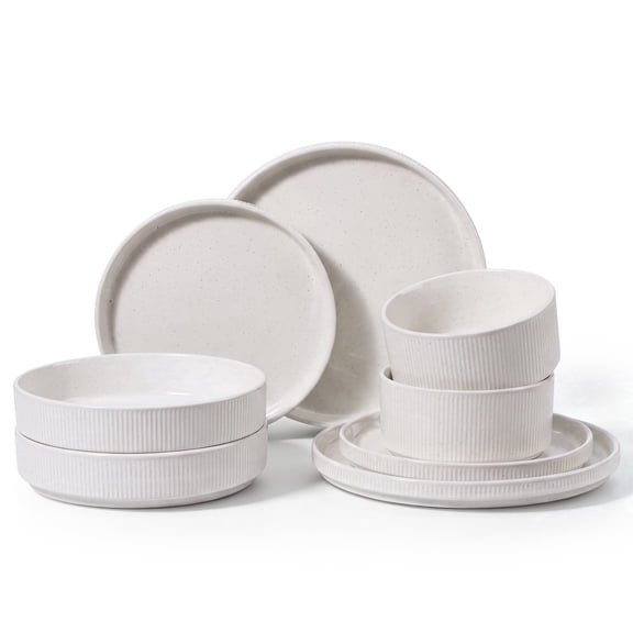 Onader 8-Piece Stoneware Dinnerware Set, Speckled Plates and Bowls Sets for Restaurant Microwave & Dishwasher Safe, Speckle White