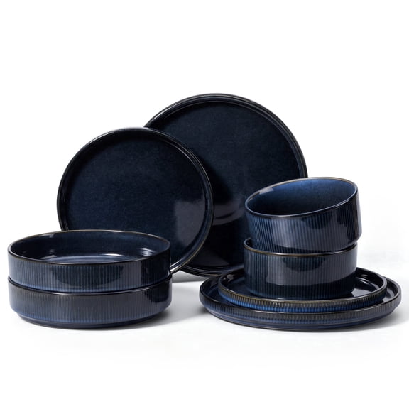 Onader 8-Piece Stoneware Dinnerware Set, Striped Reactive Glaze Plates and Bowls Sets for Restaurant, Starry Blue