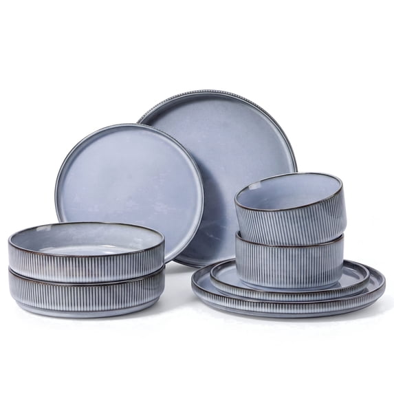 Onader 8-Piece Stoneware Dinnerware Set, Striped Reactive Glaze Plates and Bowls Sets for Restaurant, Gray Blue