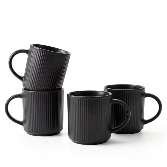 Onader 4-Pieces Coffee Mugs Set, Water Cups with Large Handle, 12 oz Ceramic Mugs Suitable for Tea Milk Latte, Stain-Resistant & Microwave Safe, Matte Black