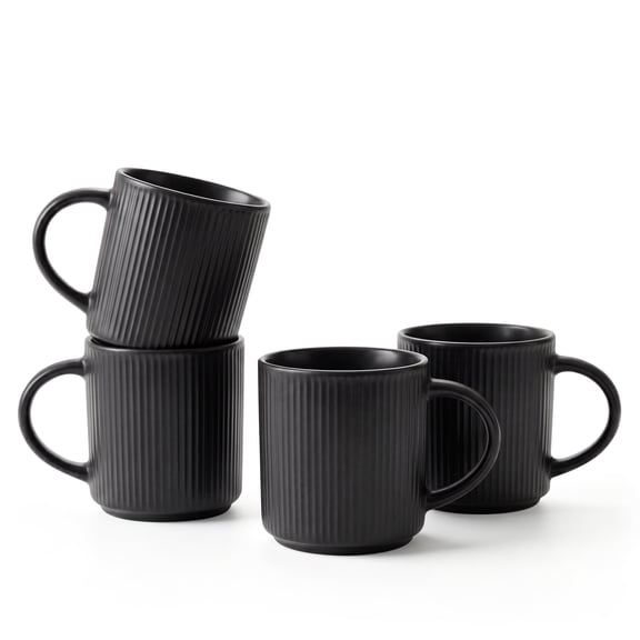 Onader 4-Pieces Coffee Mugs Set, Water Cups with Large Handle, 12 oz Ceramic Mugs Suitable for Tea Milk Latte, Stain-Resistant & Microwave Safe, Matte Black