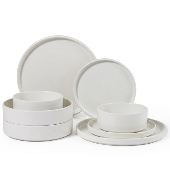 Onader 8-Piece Dinnerware Set, Speckled Plates and Bowls for Restaurant, Handcrafted Ceramic Dishware, Microwave & Dishwasher Safe - Seashell White