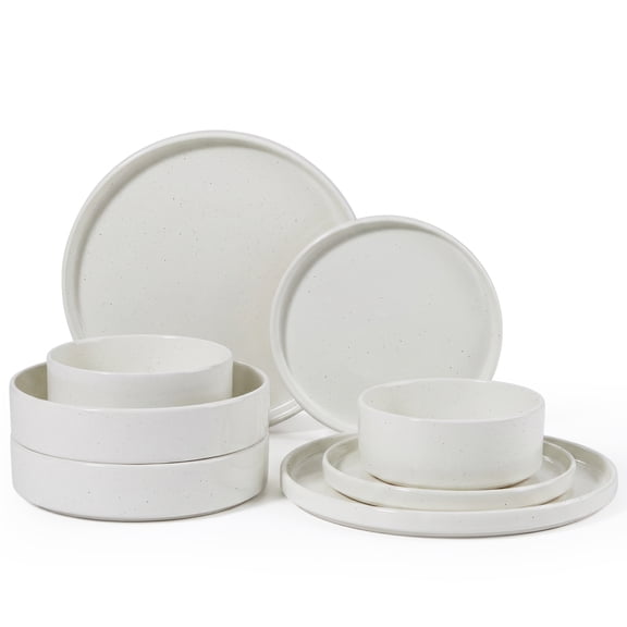 Onader 8-Piece Dinnerware Set, Speckled Plates and Bowls for Restaurant, Handcrafted Ceramic Dishware, Microwave & Dishwasher Safe - Seashell White