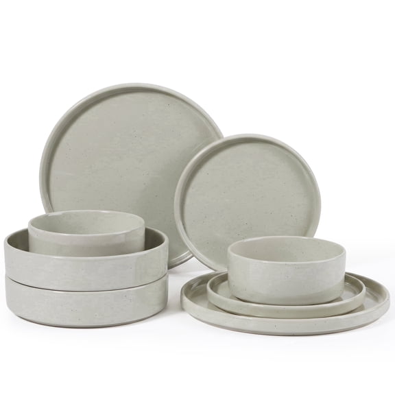 Onader 8-Piece Dinnerware Set, Speckled Porcelain Plates and Bowls for Restaurant, Handcrafted Ceramic Dinnerware, Microwave & Dishwasher Safe - Light Green