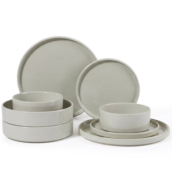 Onader 8-Piece Dinnerware Set, Speckled Porcelain Plates and Bowls for Restaurant, Handcrafted Ceramic Dinnerware, Microwave & Dishwasher Safe - Light Green
