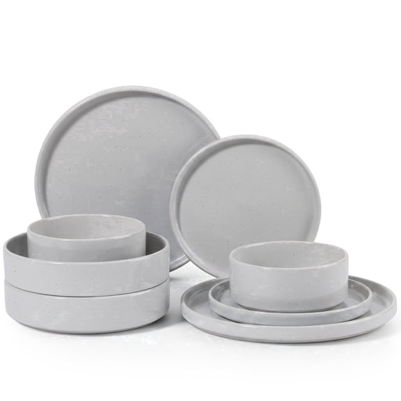 Onader 8-Piece Stoneware Dinnerware Set, High-Quality Handcrafted Plates and Bowls for Restaurant, Microwave & Dishwasher Safe - Light Gray