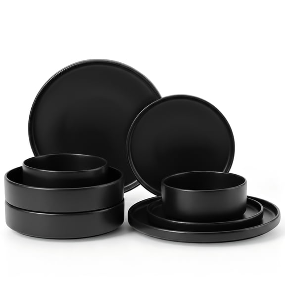 Onader 8-Piece Stoneware Dinnerware Set, Vertical Plates and Bowls for Restaurant, Premium Glaze Handcrafted Ceramic Dinnerware, Microwave & Dishwasher Safe - Matte Black