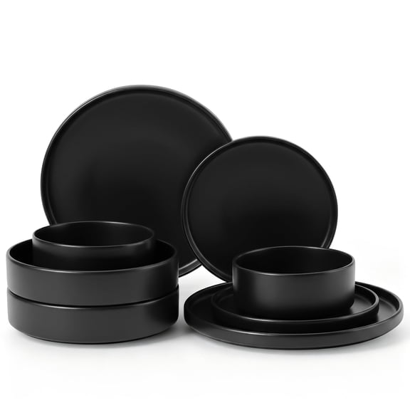 Onader 8-Piece Stoneware Dinnerware Set, Vertical Plates and Bowls for Restaurant, Premium Glaze Handcrafted Ceramic Dinnerware, Microwave & Dishwasher Safe - Matte Black