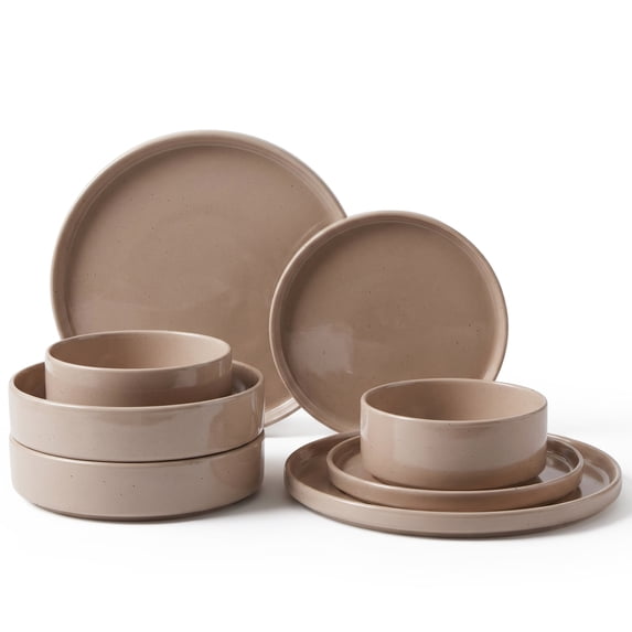 Onader 8-Piece Dinnerware Set, Speckled Plates and Bowls for Restaurant, Handcrafted Ceramic Dishware, Microwave & Dishwasher Safe - Coffee Brown