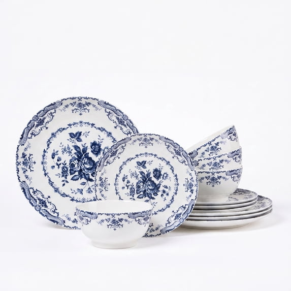 Onader 12 Piece Tableware Set, Rose Floral Dinnerware Set for 4, Ceramic Plates and Bowls Sets for Home Kitchen Restaurant, Scratch Resistant & Microwave Safe, Blue