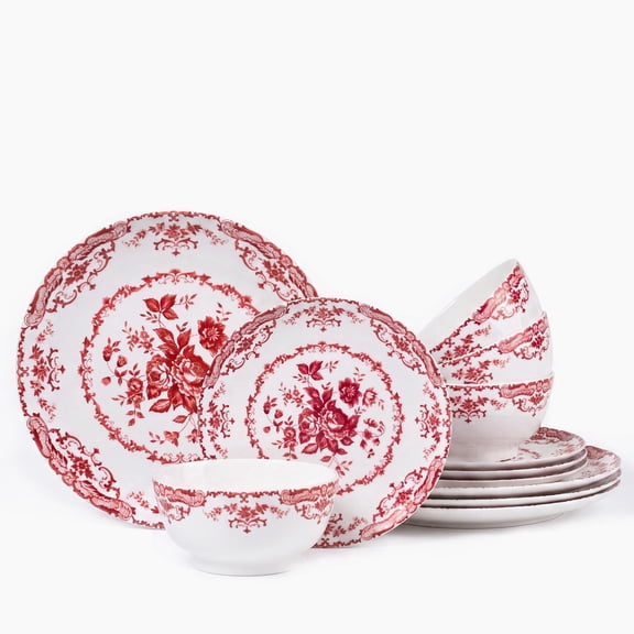 Onader 12 Piece Tableware Set, Rose Floral Dinnerware Set for 4, Ceramic Plates and Bowls Sets for Home Kitchen Restaurant, Scratch Resistant & Microwave Safe, Red