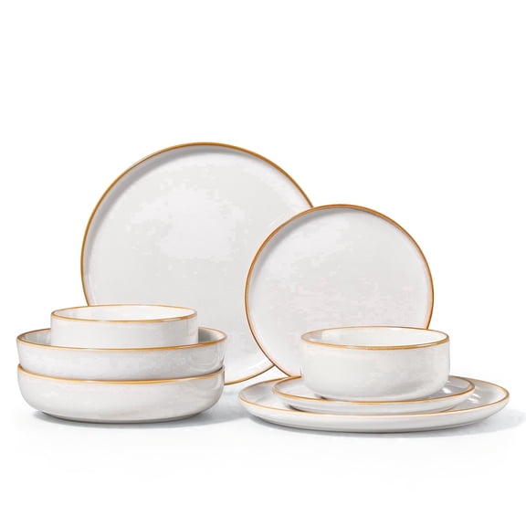 Onader 8-Piece Dinnerware Set, Ceramic Plate and Bowls Set for 2, Double Reactive Glaze Stoneware Dishware for Kitchen Restaurant - Seashell White