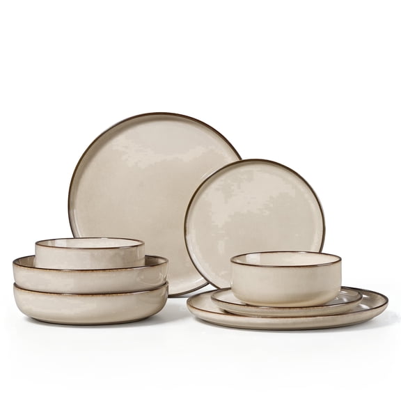 Onader 8-Piece Dinnerware Set, Ceramic Plate and Bowls Set for 2, Double Reactive Glaze Stoneware Dishware for Kitchen Restaurant - Khaki